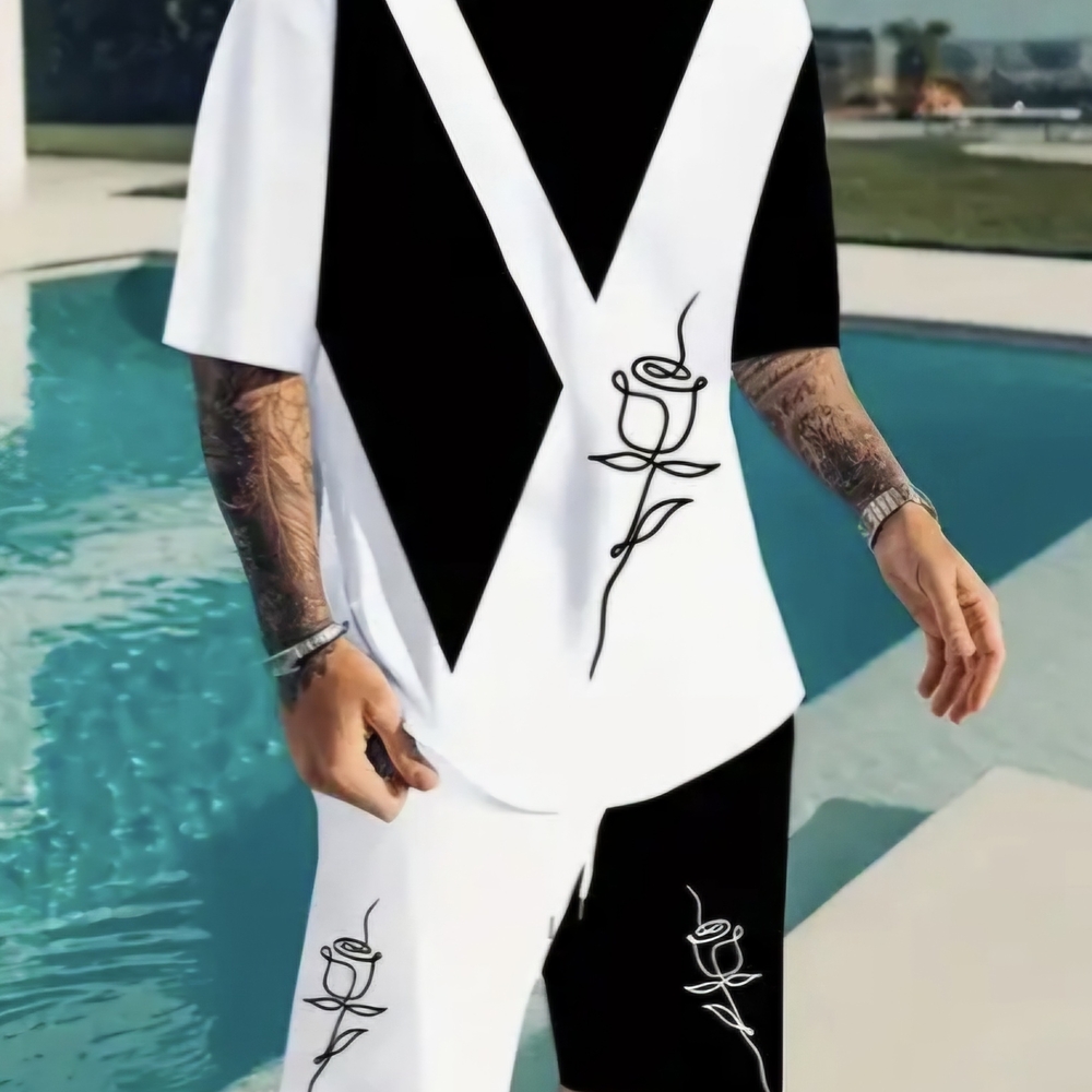 Black and White Graphic T-Shirt and Shorts Set